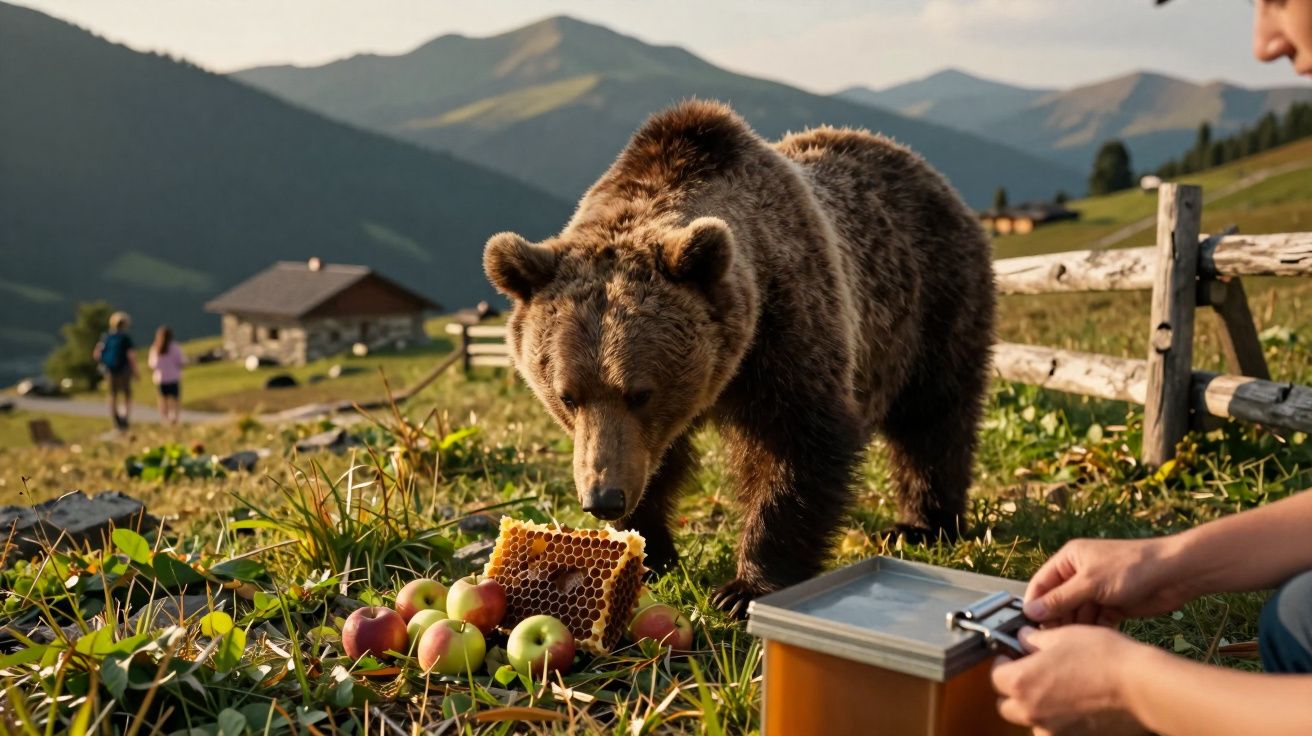 Niedźwiedź na łące z plastrami miodu i jabłkami, góry w tle.