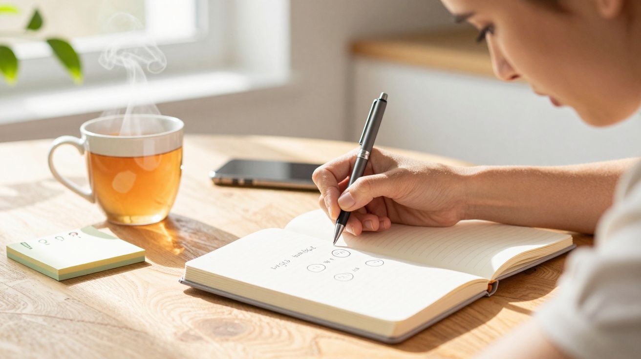 Osoba pisze notatki w otwartym zeszycie przy stole, obok stoi filiżanka herbaty i leży smartfon.