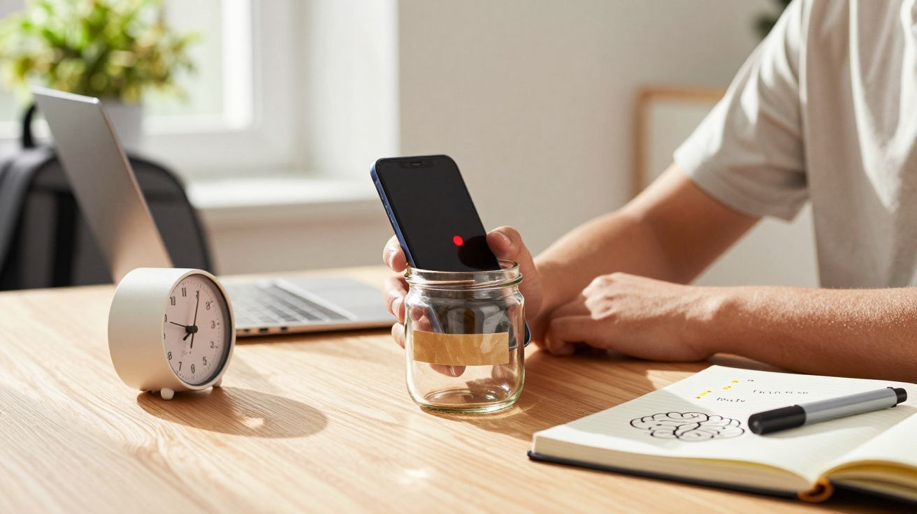 Osoba wsuwająca telefon do słoika na biurku, obok zegar, laptop i otwarty notes z rysunkiem mózgu.