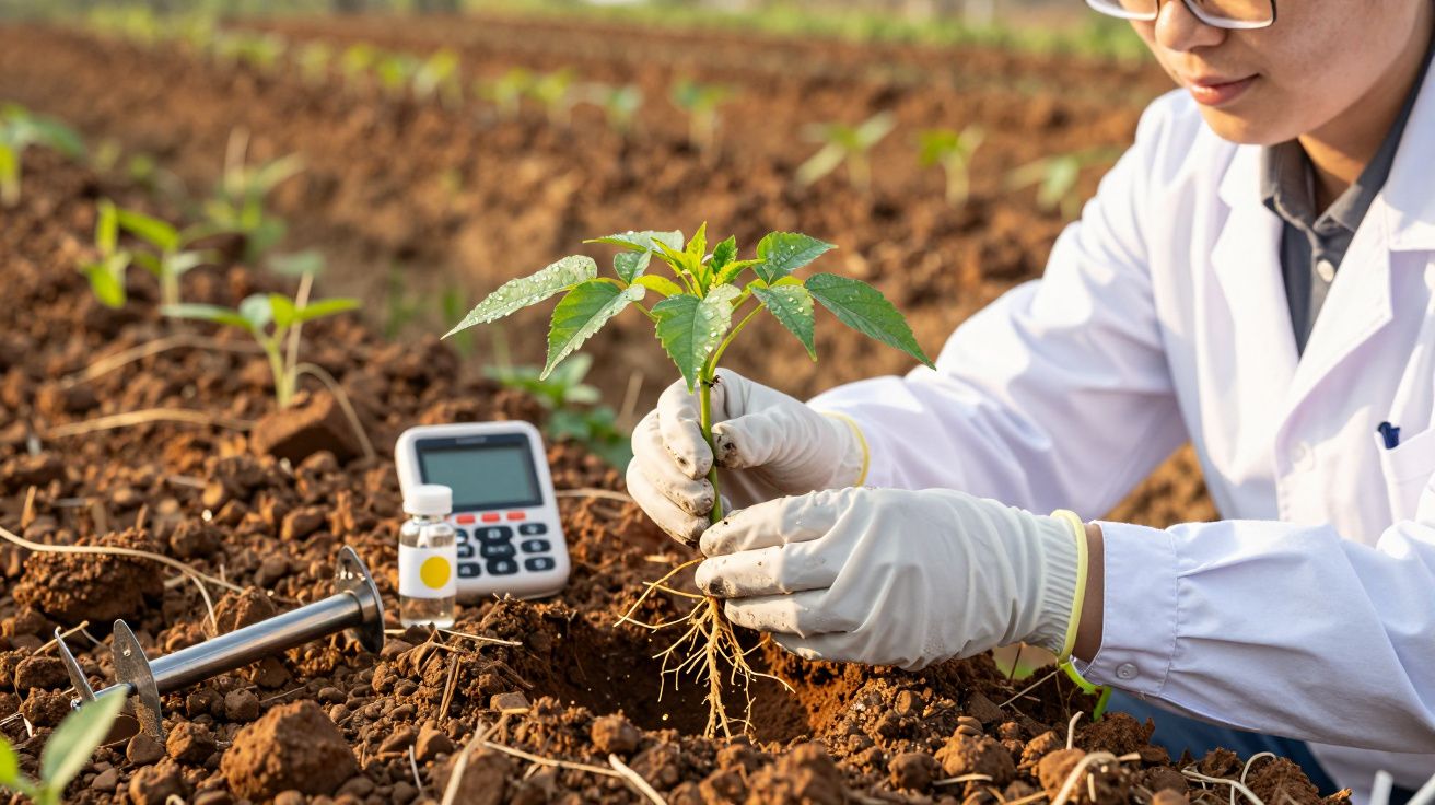 Osoba w białym fartuchu bada kiełek rośliny na polu, obok miernik gleby i narzędzie ogrodnicze.