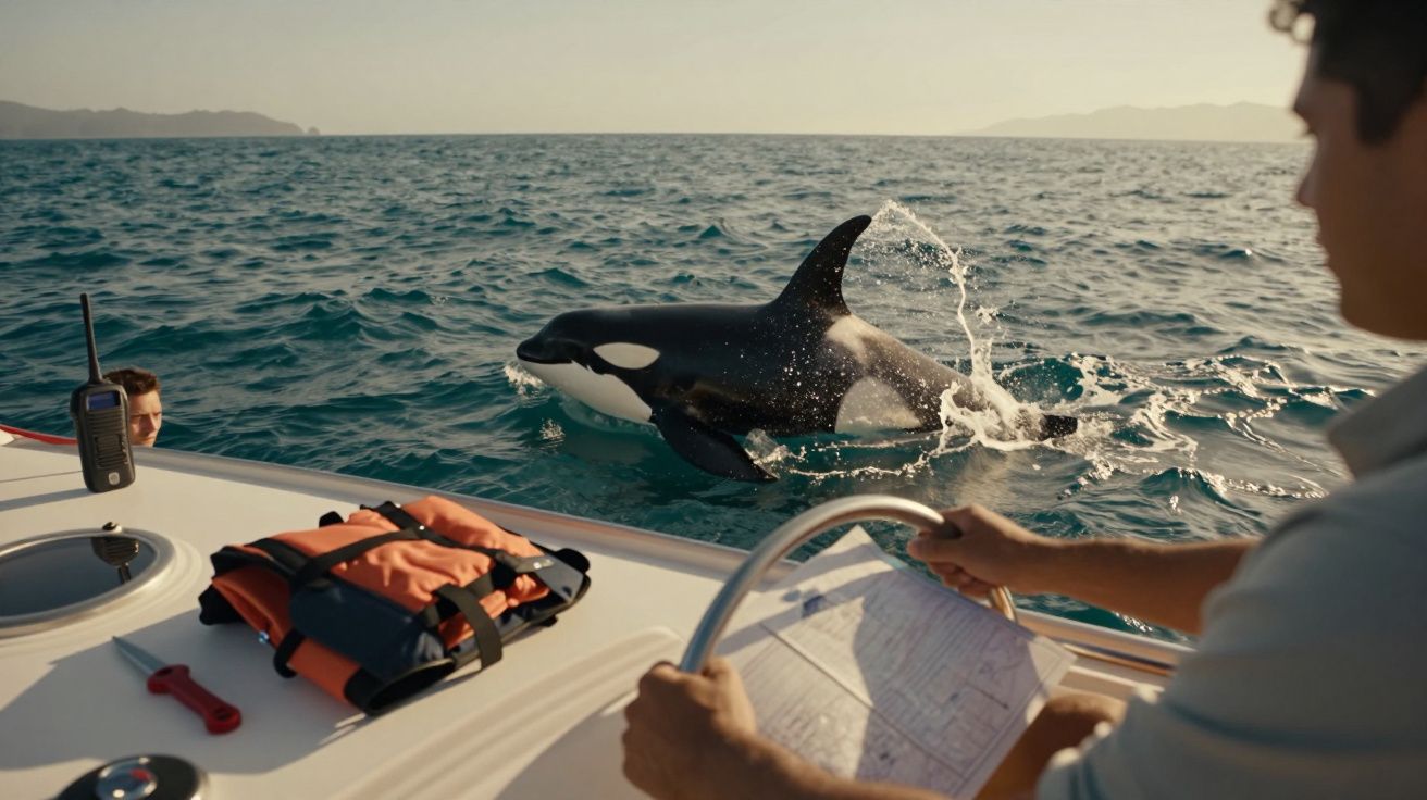 Osoba sterująca łodzią motorową obserwuje orek skaczącą z wody na otwartym morzu.