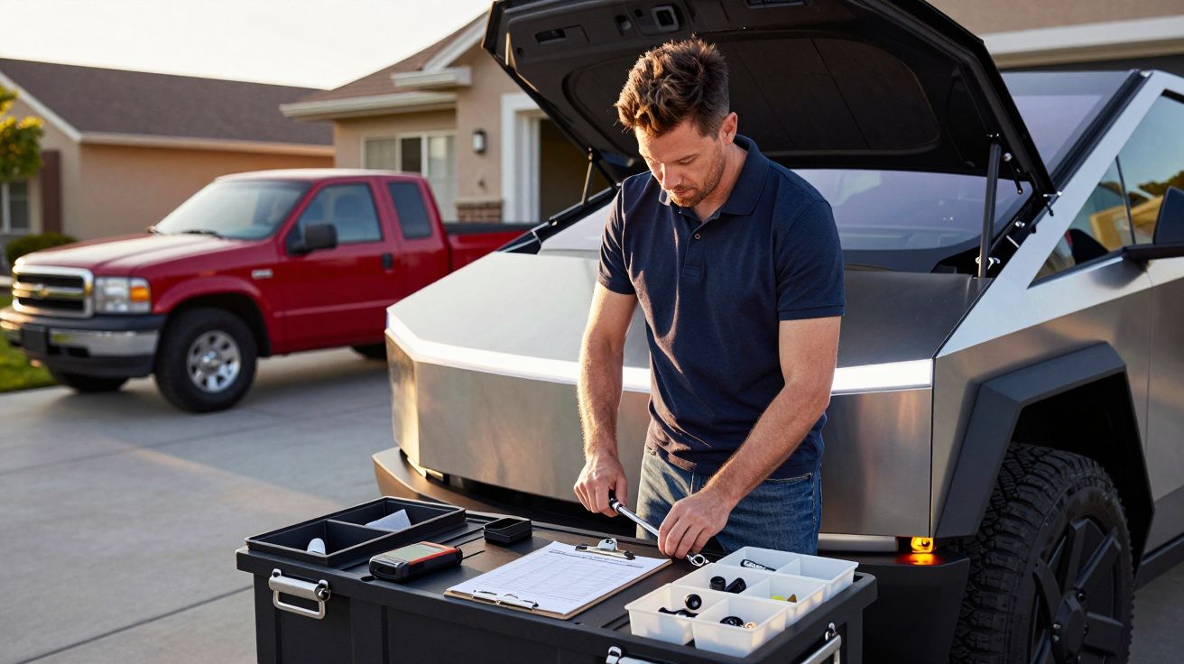 Mężczyzna pracujący przy otwartej masce samochodu elektrycznego na podjeździe, narzędzia i dokumenty na stole.