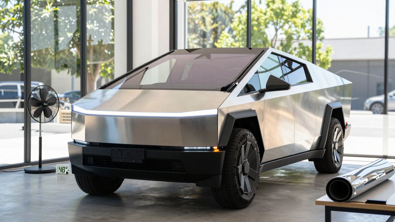 Srebrny, futurystyczny samochód elektryczny w jasnym, przeszklonym pomieszczeniu z widokiem na drzewa na zewnątrz.