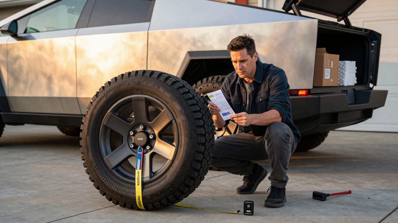 Mężczyzna klęczy obok dużego koła samochodowego, trzymając kartkę. W tle nowoczesny pojazd z otwartym bagażnikiem.