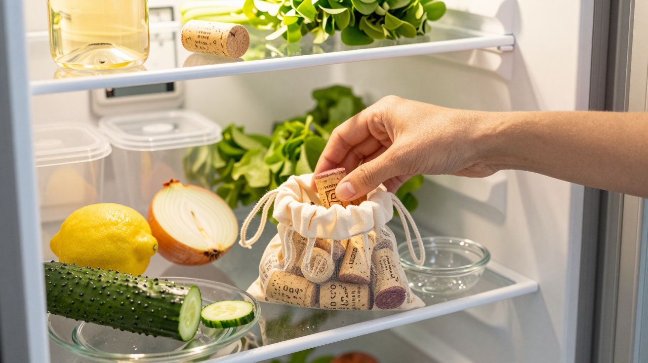 Ręka trzyma woreczek z korkami w lodówce, obok ogórka, cytryny i cebuli.