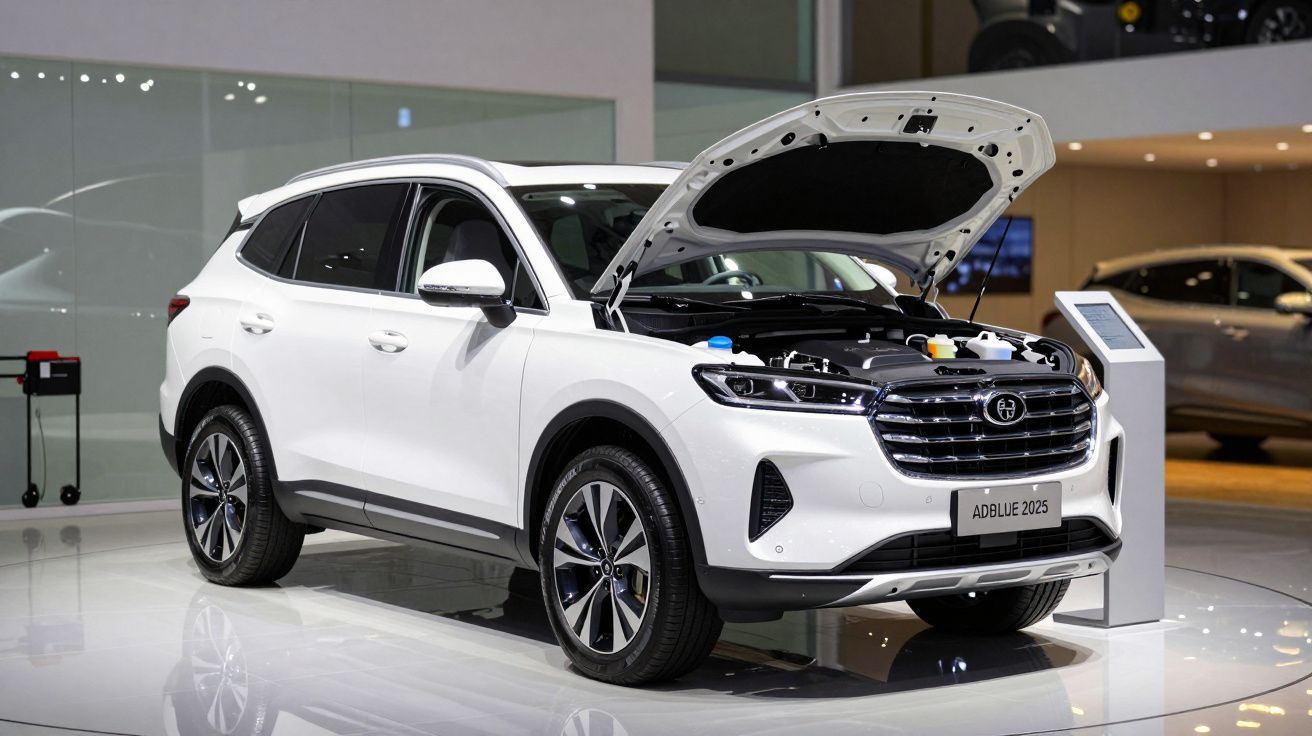 Biały SUV z otwartą maską na wystawie motoryzacyjnej.