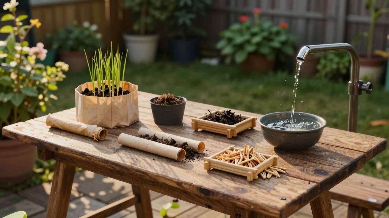 Stół ogrodowy z akcesoriami do sadzenia roślin, doniczki z ziemią, sadzonki i miska na wodę przy kranie.