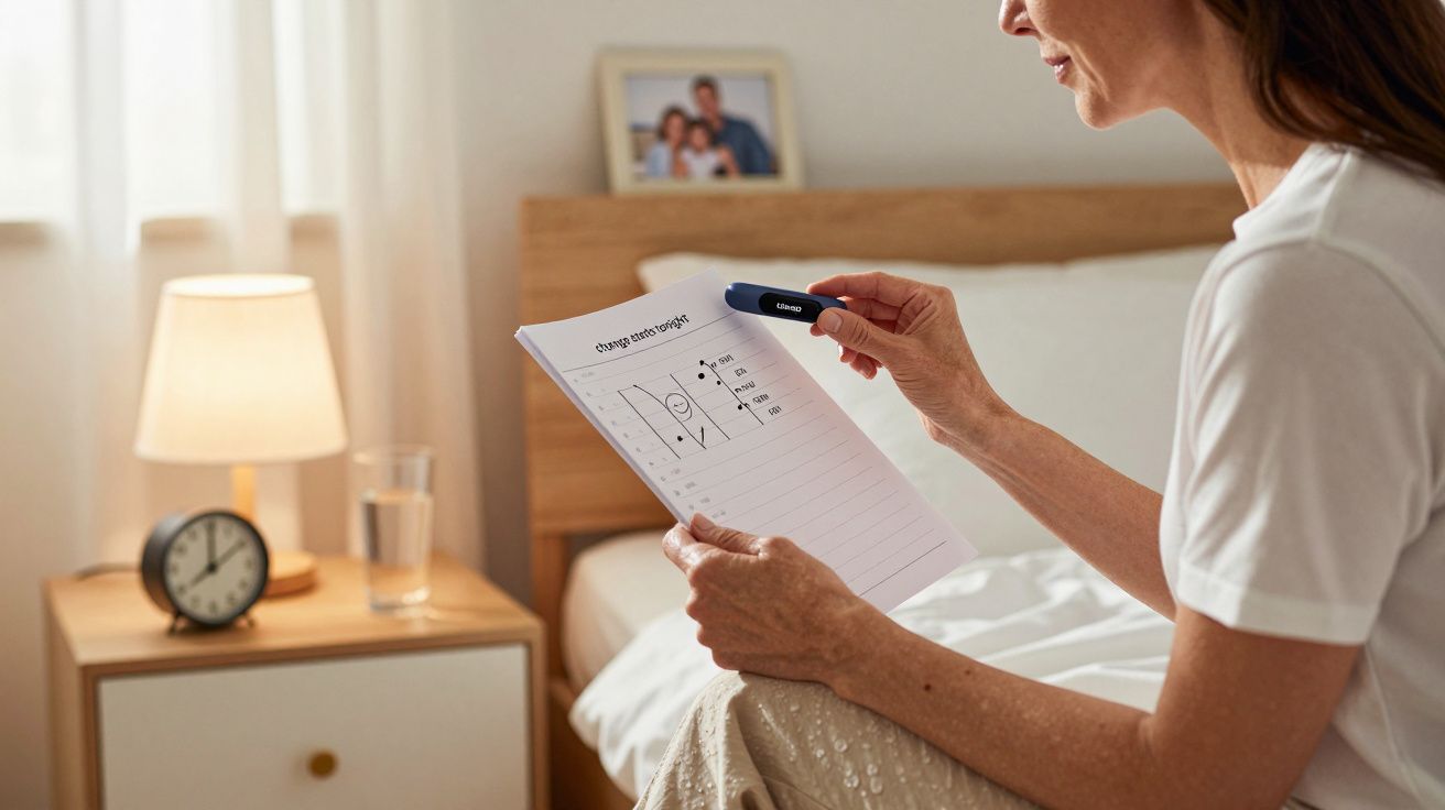 Kobieta w sypialni czyta notatki na kartce, trzymając długopis, na stoliku lampka i zegar.