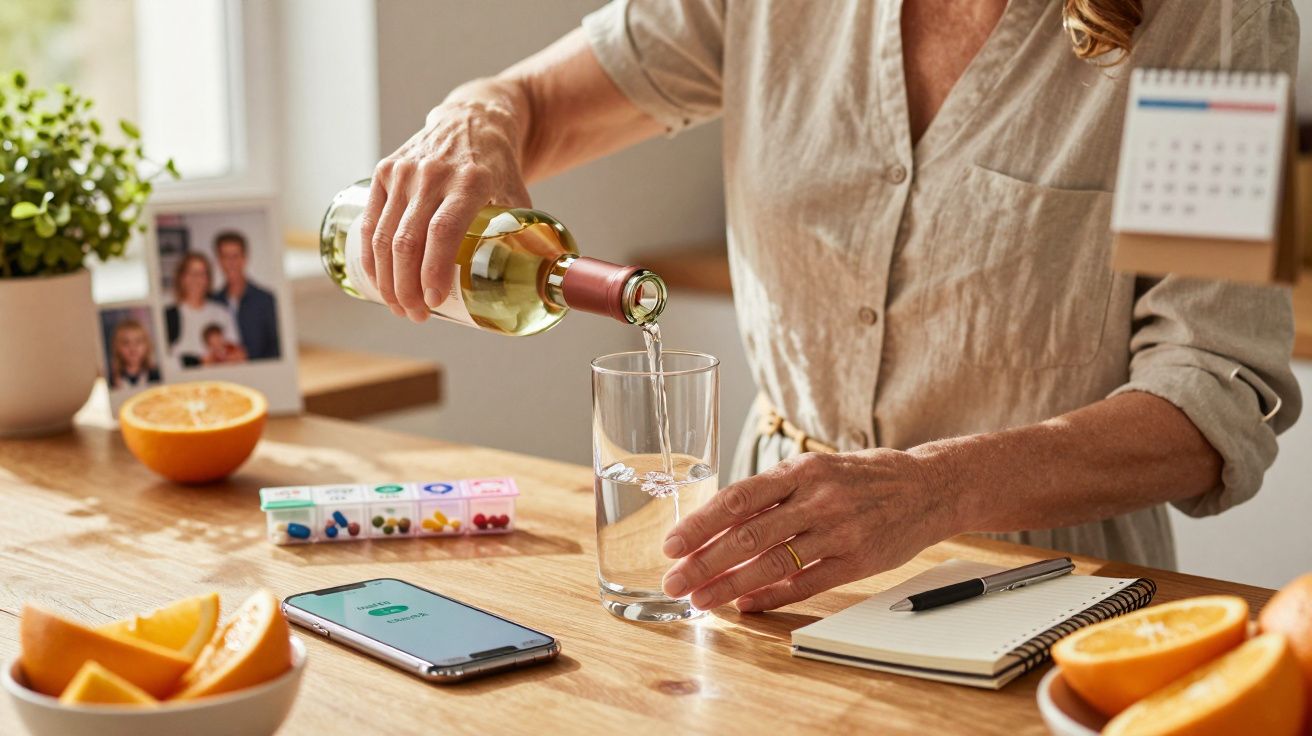 Osoba nalewa wino do szklanki na stole z telefonem, notesem, owocami i organizerem na tabletki.