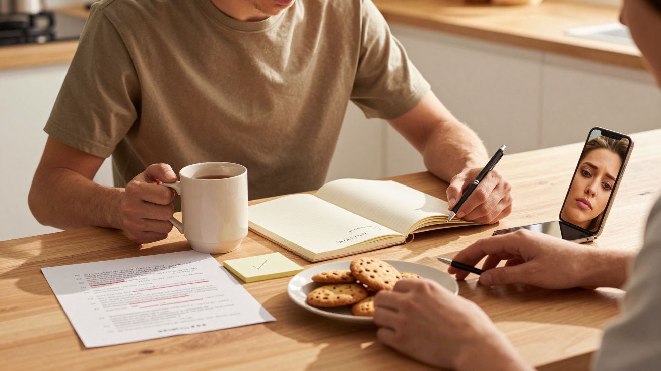 Dwóch mężczyzn przy stole, notatnik, ciastka, telefon z wideorozmową, kubek kawy.