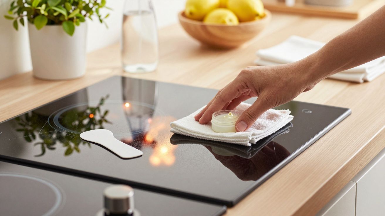 Osoba czyszcząca płytę indukcyjną ściereczką w kuchni, na blacie roślina i miska z cytrynami.