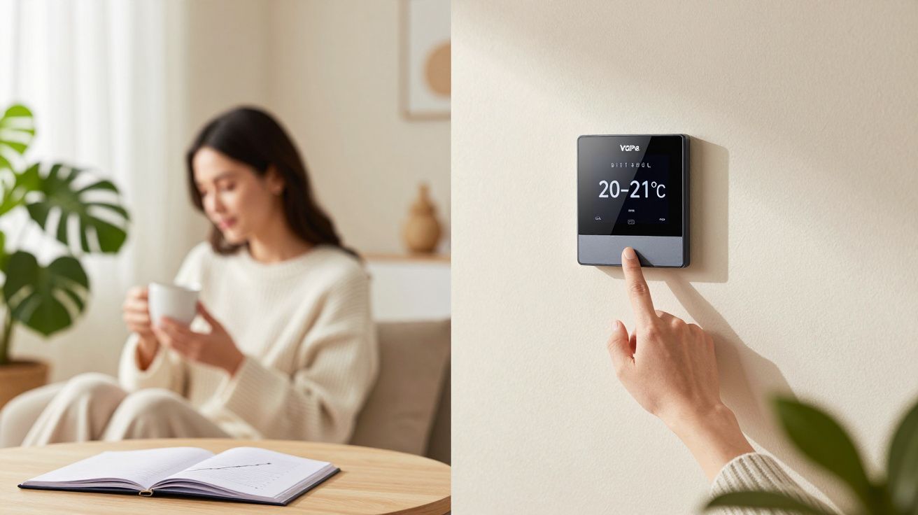 Osoba dotyka nowoczesnego termostatu na ścianie, w tle ktoś siedzi z kubkiem w ręku.