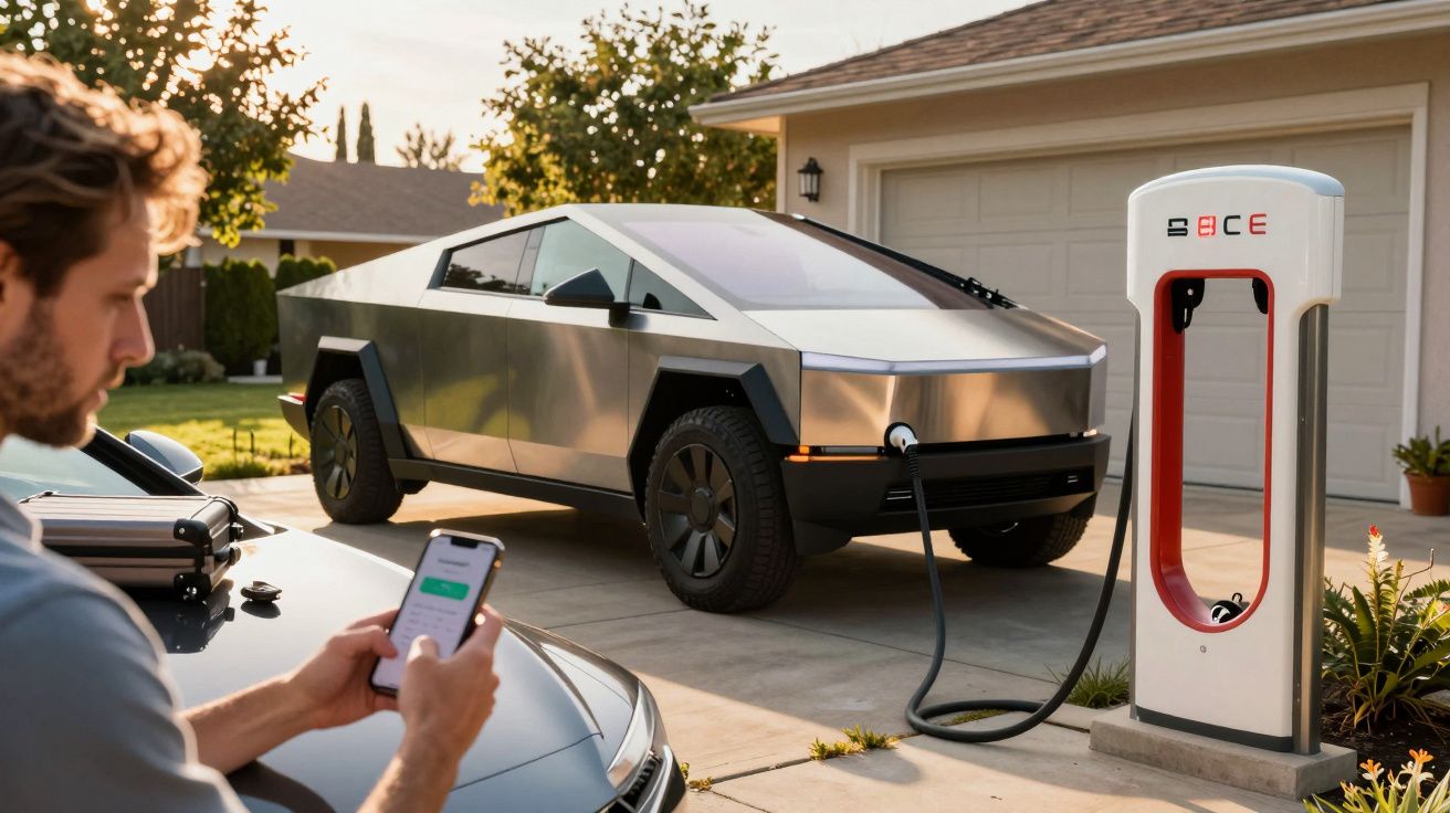 Mężczyzna z telefonem, futurystyczny samochód elektryczny ładuje się w stacji ładującej przed domem.